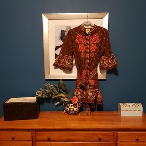 Farm Rio,, Bright Flora Brown Short Sleeve Mini Dress, size medium